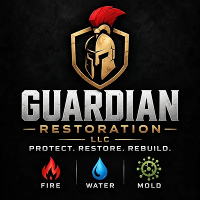 Guardian Restoration logo: a gold Spartan helmet shield with a red plume above the words Guardian Restoration. Protect. Restore. Rebuild.